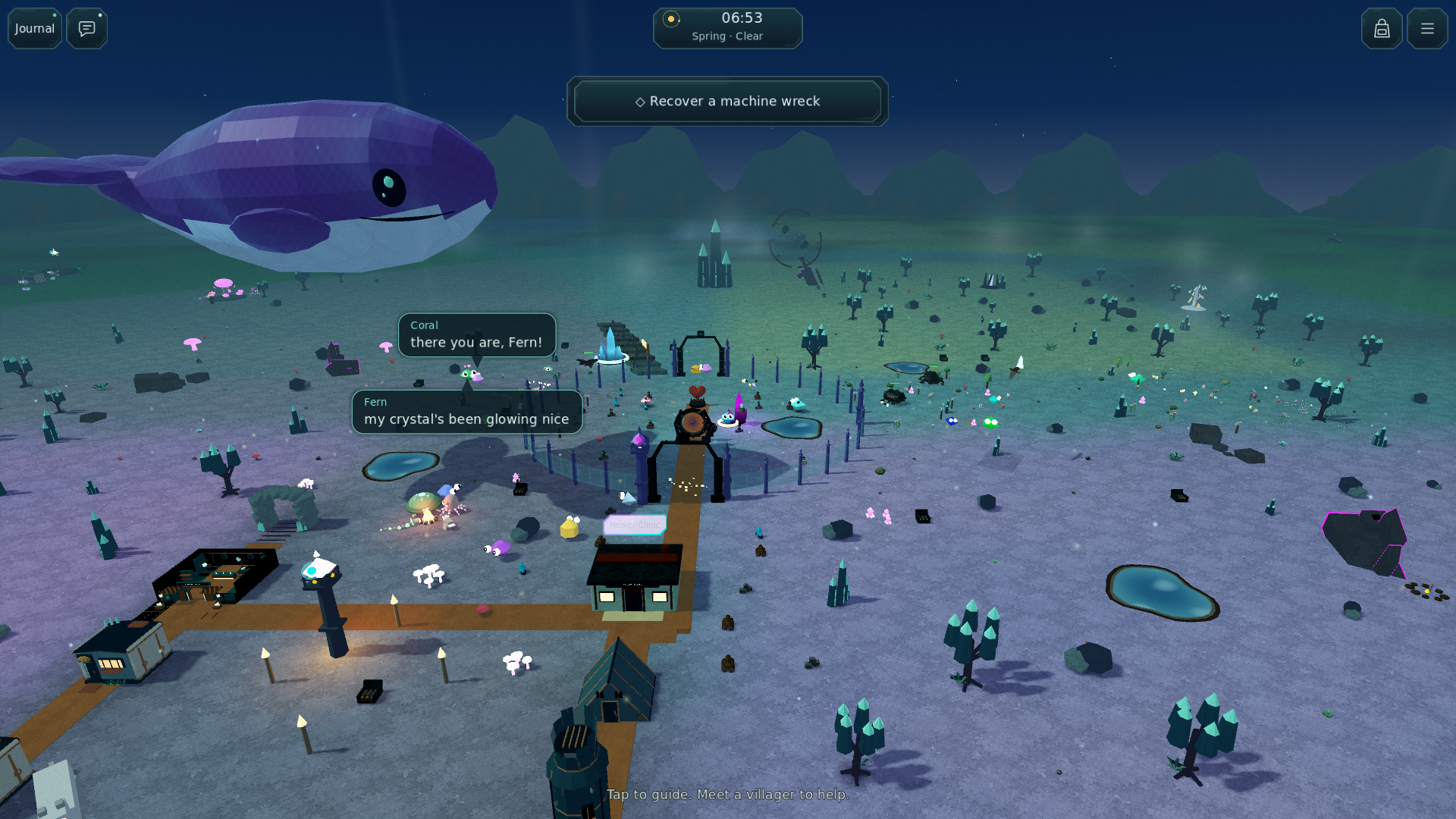 Graphlings Crystal Life running in Godot, with crystal creatures, a village and a flying whale