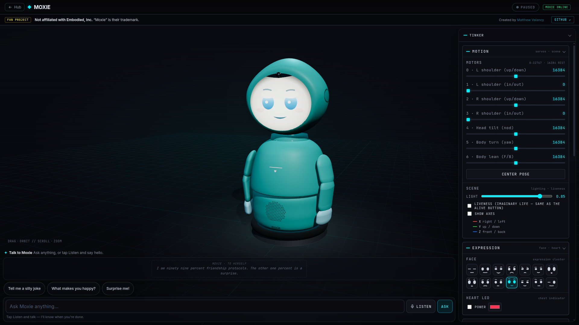 Moxie simulator with a turquoise 3D robot and motor, lighting and facial-expression controls expanded